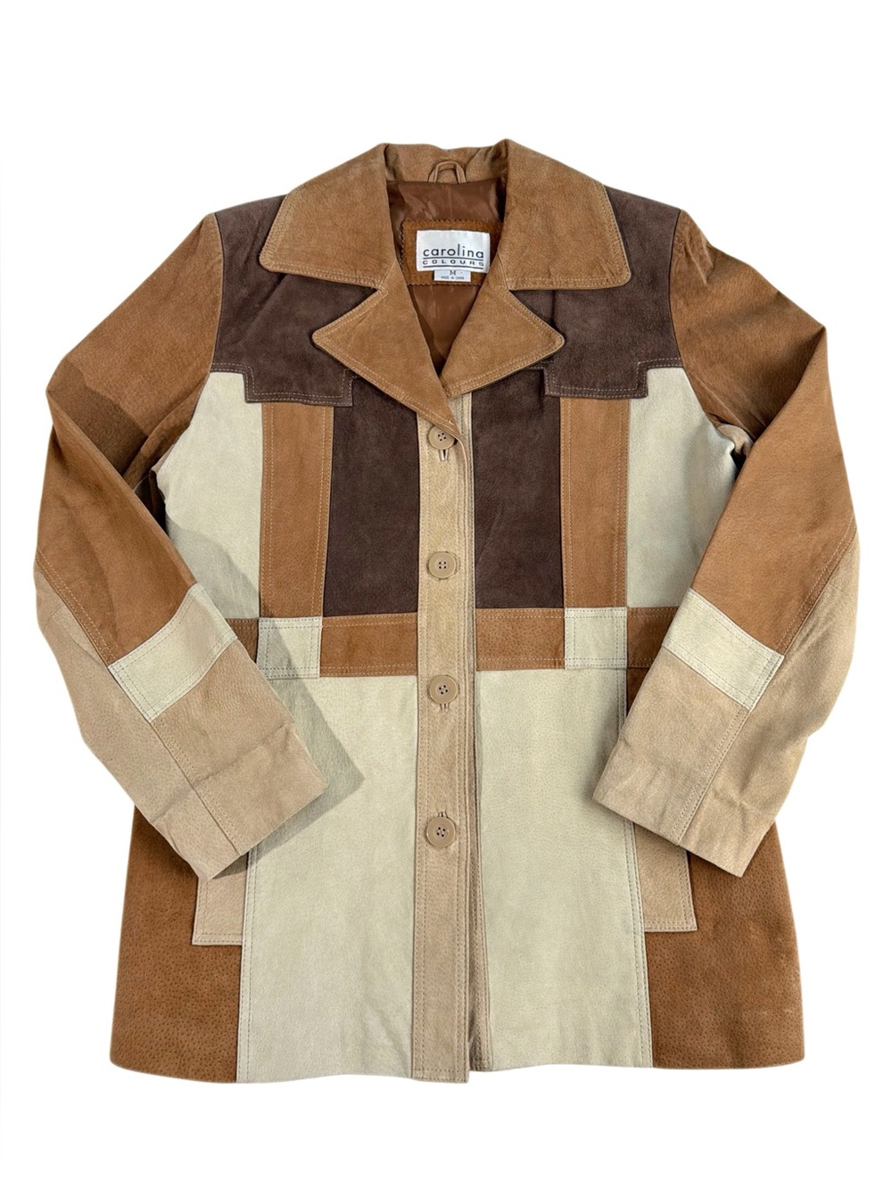 1970s Carolina Colours Patchwork Suede Leather Jacket in Brown & Cream - M